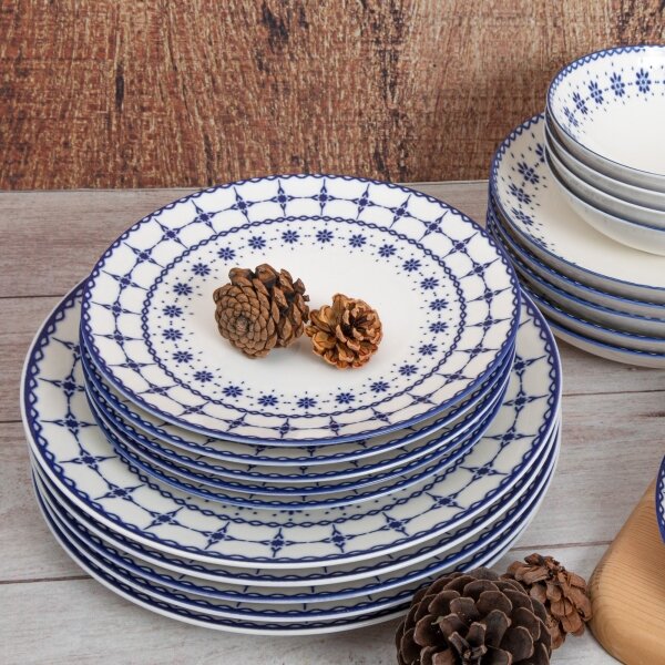 Jídelní sada 24 ks bílá/modrá/porcelán