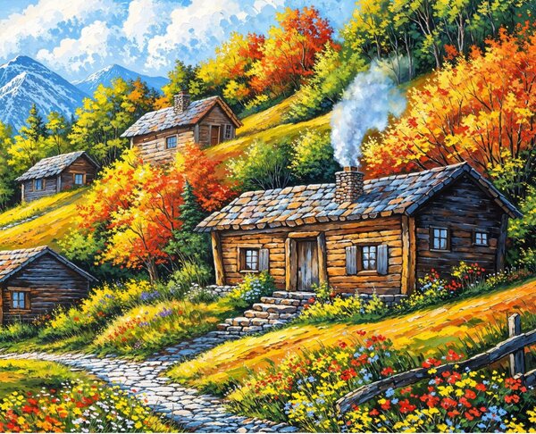 Obraz na plátně - Horské svahy s dřevěnými chatami FeelHappy.cz Velikost obrazu (šířka x výška): 60 x 20 cm