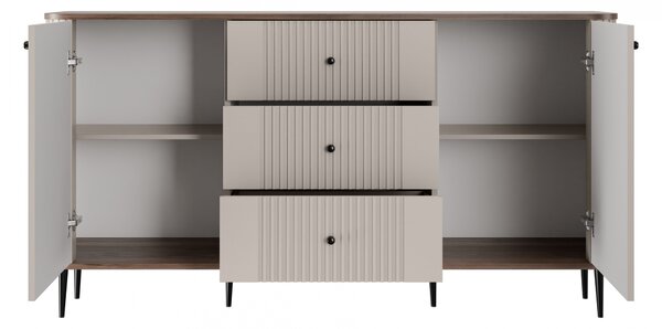 Komoda Vesper 160 cm se zásuvkami na nožkách - kašmír / ořech / černé nohy