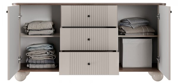 Komoda Vesper 160 cm se zásuvkami na kulových nohách - kašmír / ořech / černé úchyty