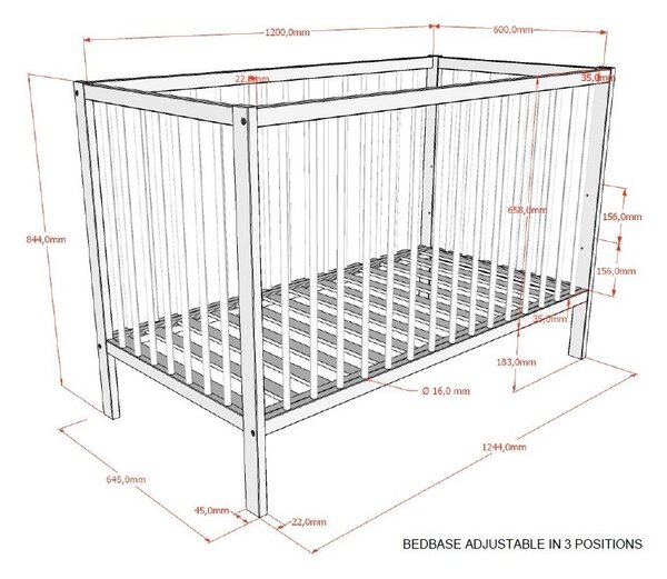 Hnědá postýlka z bukového dřeva s nastavitelnou výškou 60x120 cm Dino – Vipack