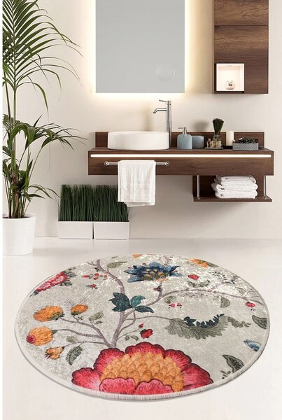 Šedá sametová koupelnová předložka ø 100 cm Vintage Flower – Foutastic