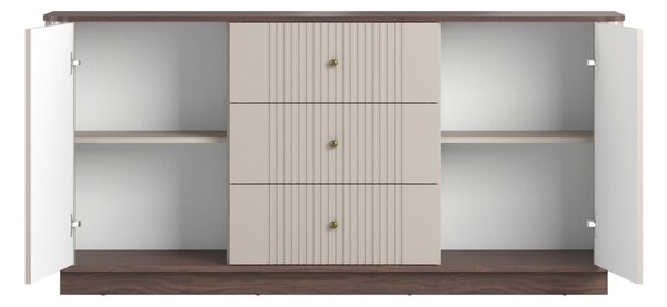 Komoda Vesper 160 cm se zásuvkami na soklu - kašmír / ořech / zlaté úchytky