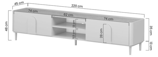TV stolek Amilio 220 cm na nožkách - kašmírová / dub olejovaný / kašmírové úchytky