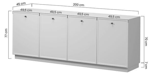 Komoda Lorini 200 cm čtyřdveřová - kašmír / černé madla T-bar