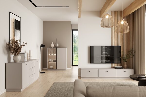 TV stolek Lorini 200 cm se zásuvkami – kašmírová / černé úchytky T-bar