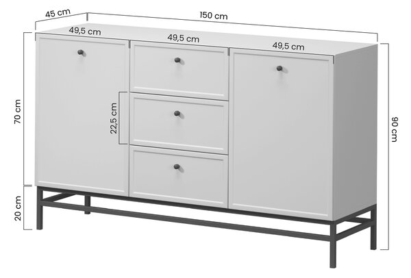 Komoda Lorini 150 cm na podstavci - kašmírová / černé úchytky T-bar