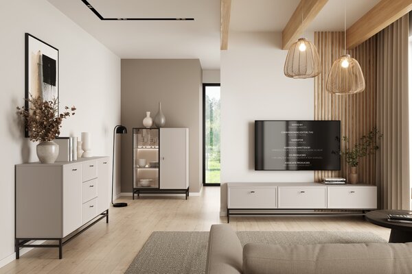 TV stolek Lorini 200 cm se zásuvkami – kašmírová / černé úchytky T-bar / černý rám