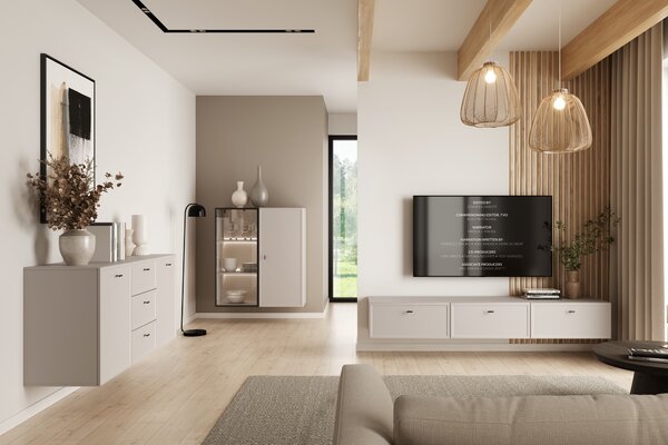 Závěsná RTV skříňka Lorini 200 cm s zásuvkami - kašmír / černé úchyty T-bar