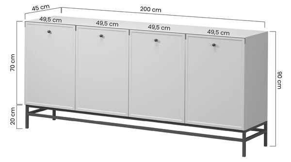 Komoda Lorini 200 cm čtyřdveřová - kašmír / černé úchyty T-bar / kovové nohy