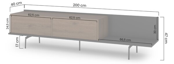 Moderní RTV skříňka Zenar 200 cm s kovovými nohami - elegantní ořech / černá