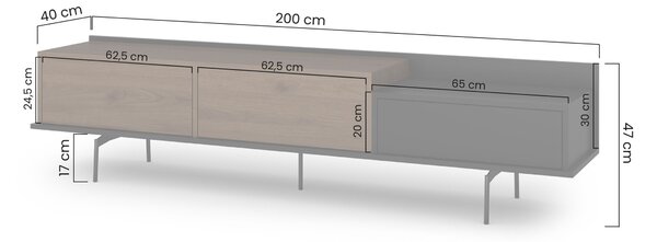 Moderní TV stolek Zenar 200 cm s kovovými nohami a zásuvkou - elegantní ořech / černá