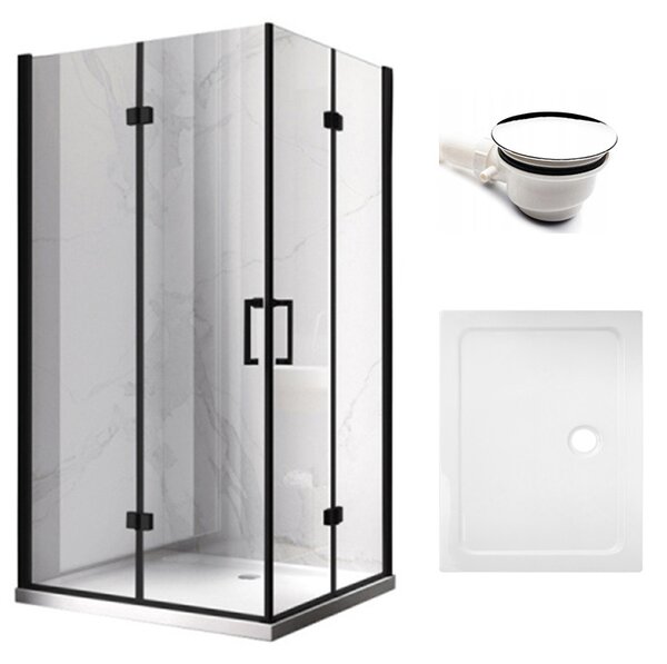 BPS-koupelny Obdélníkový sprchový kout KZ12A BL 90x80 černý/transparent + vanička ST03E WH bílá