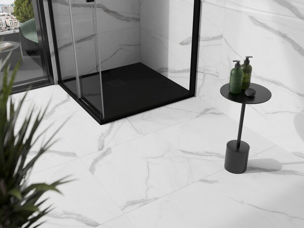 Mexen Stone+, čtvercová vanička z minerálního kompozitu 70 x 70 cm, černá, černá krytka, 44707070-B