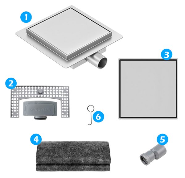 BPS-koupelny Čtvercový sprchový odtokový žlab 2in1 DL06 FIX G1 ST 15x15 cm, satén