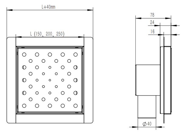 BPS-koupelny Čtvercový sprchový odtokový žlab DL06 CIRCLE G7 BL 15x15 cm, černý