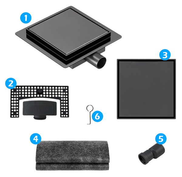 BPS-koupelny Čtvercový sprchový odtokový žlab 2in1 DL06 FIX G1 BL 15x15 cm, černý