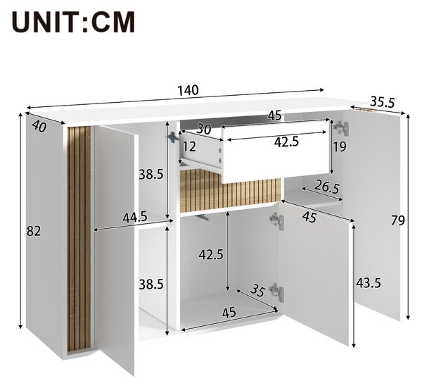 Komoda se 3 dvířky a 1 zásuvkou, rozměry 140x40x82 cm, s nastavitelným LED osvětlením, bílá s dekorativním vzorem imitujícím přírodní dřevo, vyrobená z dřevotřísky