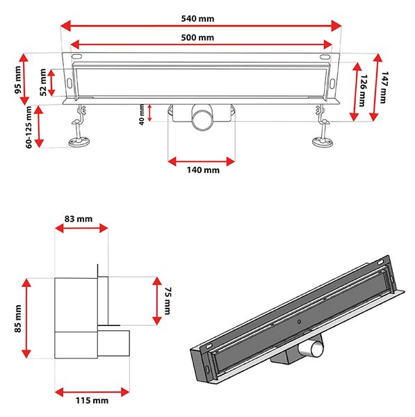 BPS-koupelny Nástěnný odtokový žlab 2in1 DL04 MURAL BL 50 cm, černý