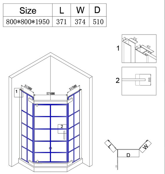 BPS-koupelny Pětiúhelníkový sprchový kout BS06A 80x80 černá/transparent + vanička ST07A WH bílá