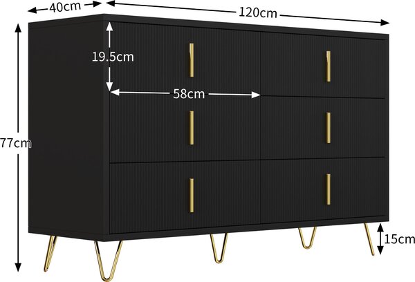 Komoda Moonbite, 120 cm, s 6 zásuvkami, černá komoda s vlnitým designem a zlatými úchytkami, vysoké nohy, jídelní komoda, vyrobená z dřevotřísky, černá barva