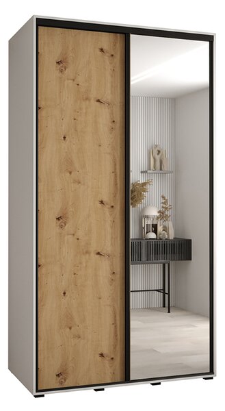 Šatní skříň s posuvnými dveřmi a zrcadlem DAVOS 140cm | Bílá / DUB Artisan / černé pojezdy