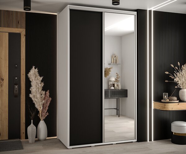 Šatní skříň s posuvnými dveřmi a zrcadlem DAVOS 140cm | Bílá / černá / stříbrné pojezdy