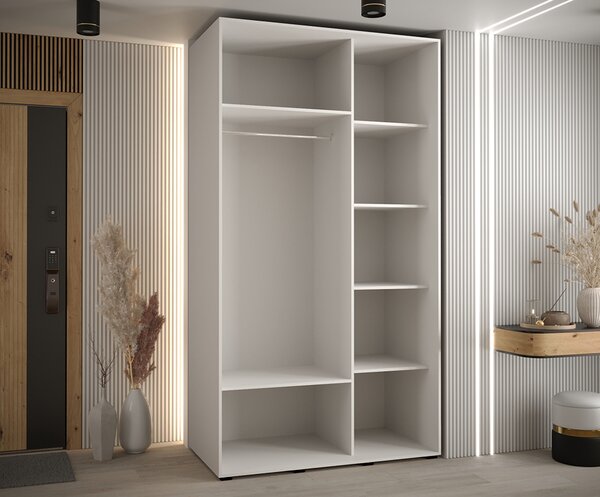 Šatní skříň s posuvnými dveřmi a zrcadlem DAVOS 140cm | Bílá / černá / stříbrné pojezdy