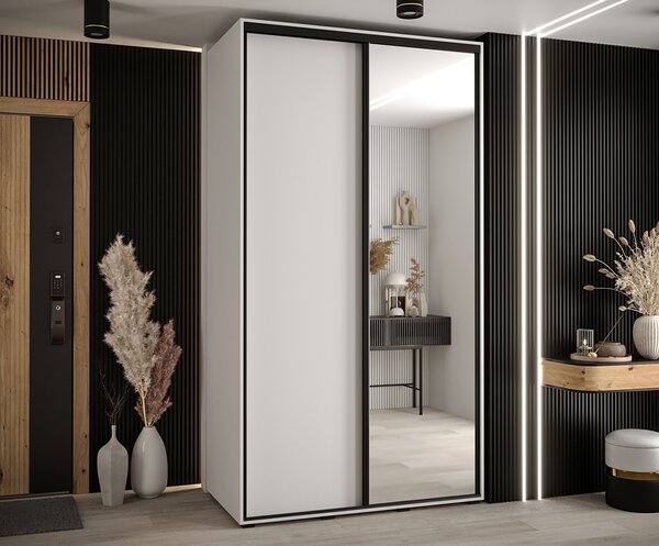 Šatní skříň s posuvnými dveřmi a zrcadlem DAVOS 140 cm | Bílá / černé pojezdy