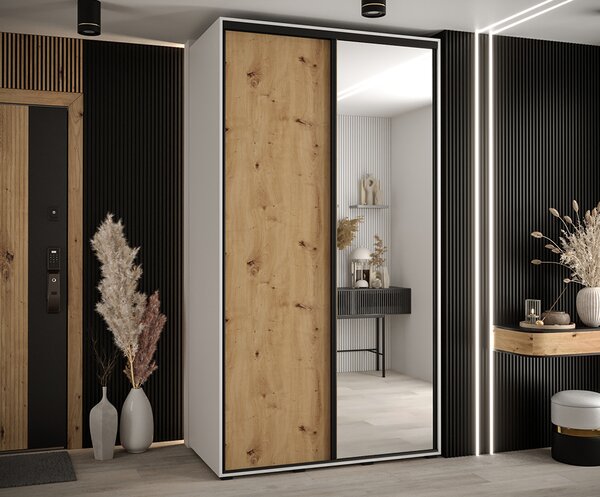Šatní skříň s posuvnými dveřmi a zrcadlem DAVOS 140cm | Bílá / DUB Artisan / černé pojezdy