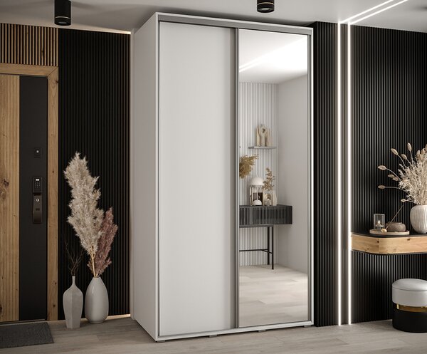 Šatní skříň s posuvnými dveřmi a zrcadlem DAVOS 140 cm | Bílá / stříbrné pojezdy