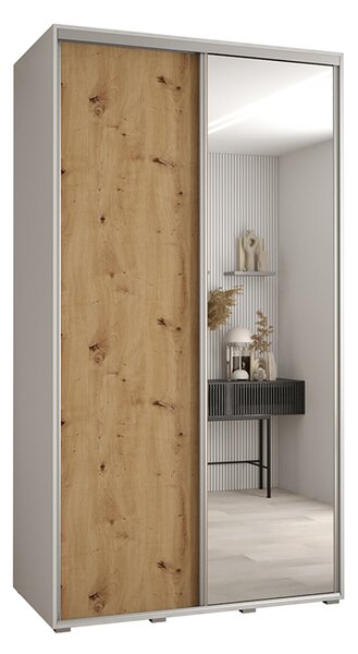 Šatní skříň s posuvnými dveřmi a zrcadlem DAVOS 140cm | Bílá / DUB Artisan / stříbrné