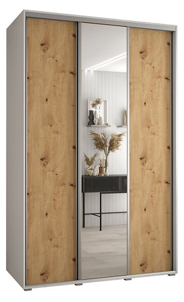 Šatní skříň s posuvnými dveřmi a zrcadlem DAVOS 150 cm | Bílá / DUB Artisan / stříbrné