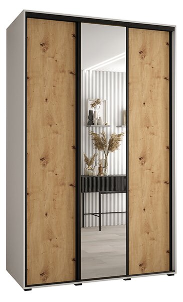 Šatní skříň s posuvnými dveřmi a zrcadlem DAVOS 150cm | Bílá / DUB Artisan / černé pojezdy