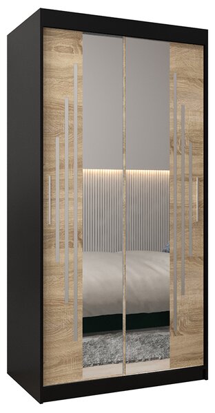 Šatní skříň s posuvnými dveřmi a dvoudílným zrcadlem YORK1 - 100x200cm -Černá-Dub Sonoma-
