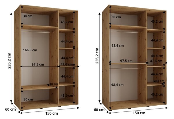 Šatní skříň s posuvnými dveřmi a zrcadlem DAVOS 150cm | DUB Artisan / černá / stříbrné