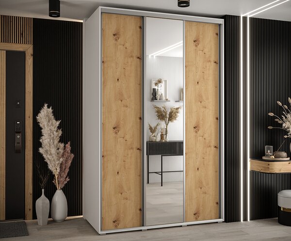 Šatní skříň s posuvnými dveřmi a zrcadlem DAVOS 150 cm | Bílá / DUB Artisan / stříbrné