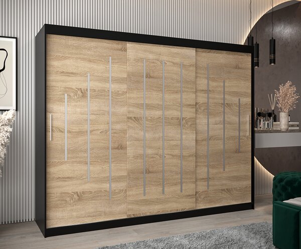 Šatní skříň s posuvnými dveřmi YORK - 250x200cm -Černá-Dub Sonoma-