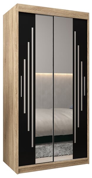 Šatní skříň s posuvnými dveřmi a dvoudílným zrcadlem YORK1 - 100x200cm -Dub Sonoma-Černá-