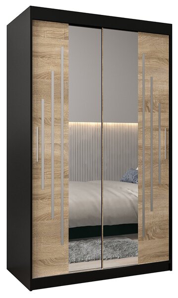 Šatní skříň s posuvnými dveřmi a dvoudílným zrcadlem YORK1 - 120x200cm -Černá-Dub Sonoma-