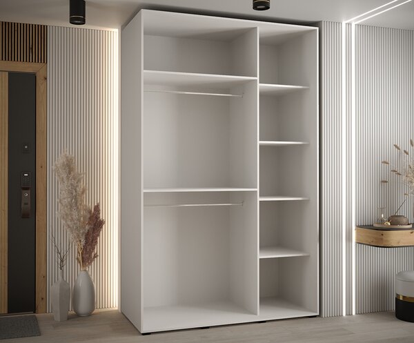 Šatní skříň s posuvnými dveřmi a zrcadlem DAVOS 150cm | Bílá / černá / stříbrné pojezdy