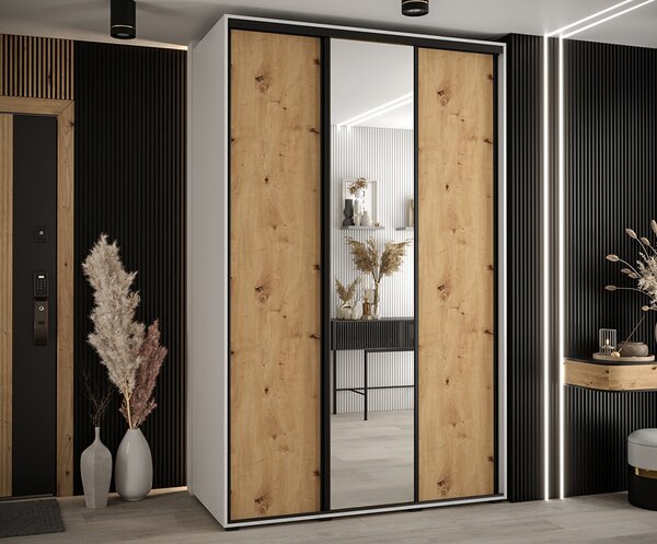 Šatní skříň s posuvnými dveřmi a zrcadlem DAVOS 150cm | Bílá / DUB Artisan / černé pojezdy