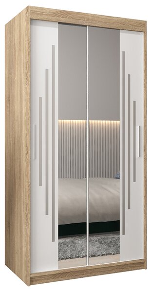 Šatní skříň s posuvnými dveřmi a dvoudílným zrcadlem YORK1 - 100x200cm -Dub Sonoma-Bílá-