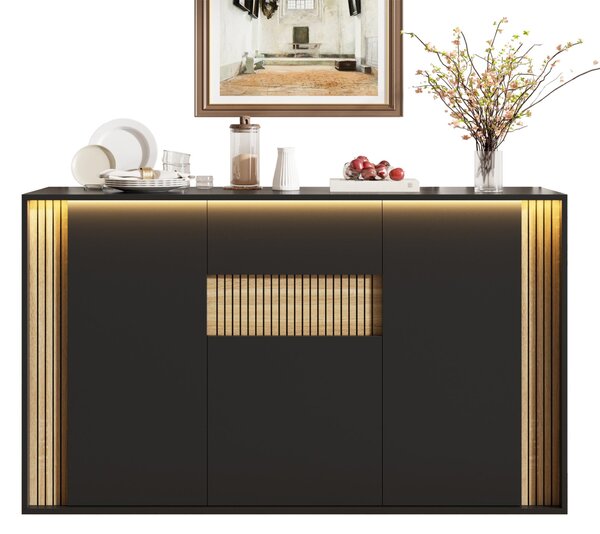 Komoda/skříňka do obývacího pokoje, rozměry 140x40x82 cm, s 3 dvířky a 1 zásuvkou, s nastavitelným LED osvětlením, barva černá, materiál: dřevotříska