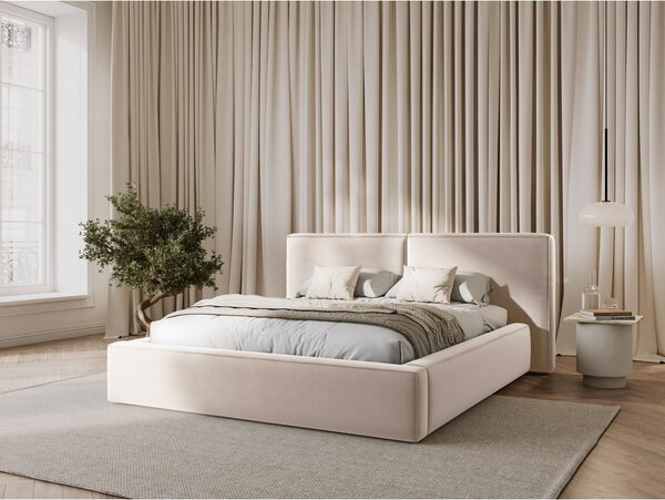 Krémová sametová čalouněná dvoulůžková postel s úložným prostorem s roštem 180x200 cm Arendal – Cosmopolitan Design