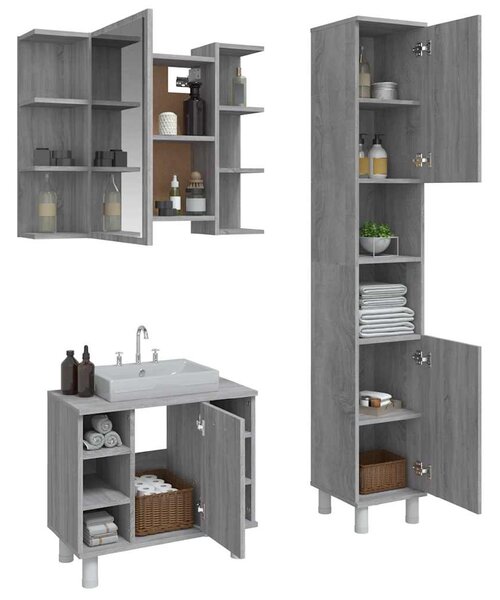 3dílný set koupelnových skříněk šedý sonoma kompozitní dřevo 3187607