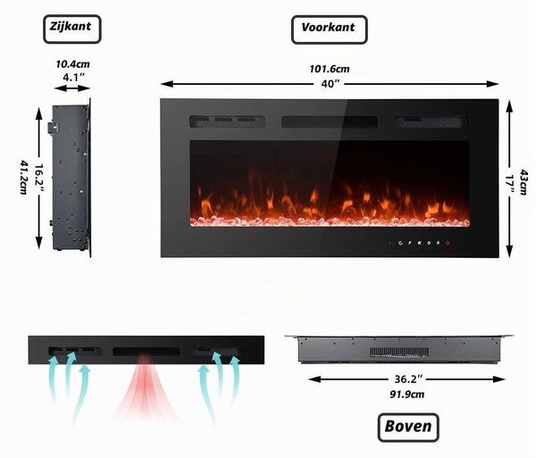 Elektrický krb - 102 cm - 1800 W - Černá - Vestavný, nástěnný nebo volně stojící krb