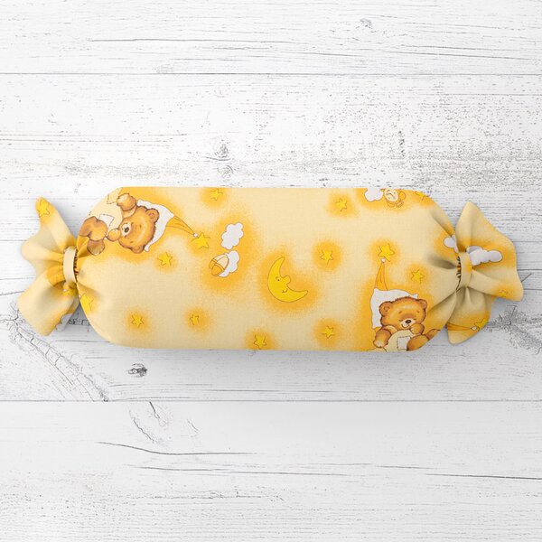Biante Dětský polštář válec bonbon Sandra SA-727 Spící medvídci na žlutooranžovém 15x40 cm