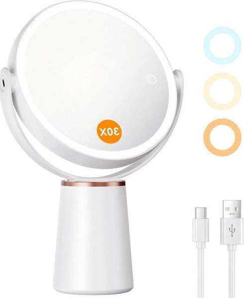 Zrcadlo s osvětlením LED, s 1x a 30x zvětšením, stolní zrcadlo, otočné o 360° a výškově nastavitelné, ideální pro dokonalé líčení a péči o pleť