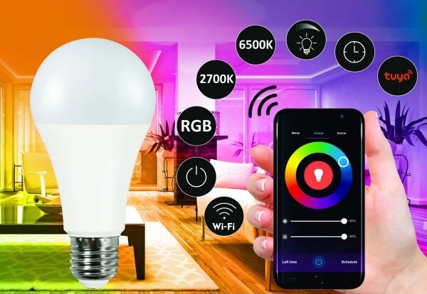 RGBW LED Stmívatelná žárovka A65 E27/11W/230V 2700-6500K Wi-Fi Tuya